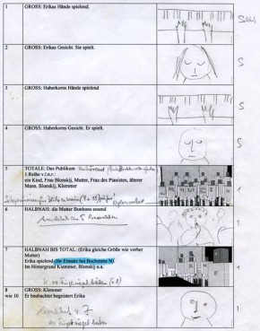 Visualisierung des Vorspanns aus dem Regiedrehbuch zu "Die Klavierspielerin", inklusive Hanekes Handzeichnungen und computerunterst�tzte Grafiken