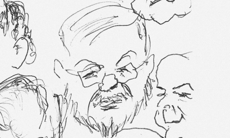 Ausschnitt einer Karikatur von Bill Littlejohn, angefertigt während der Schlussdiskussion des Symposiums: in der Mitte Amos Vogel (Schriftgutsammlung ÖFM)