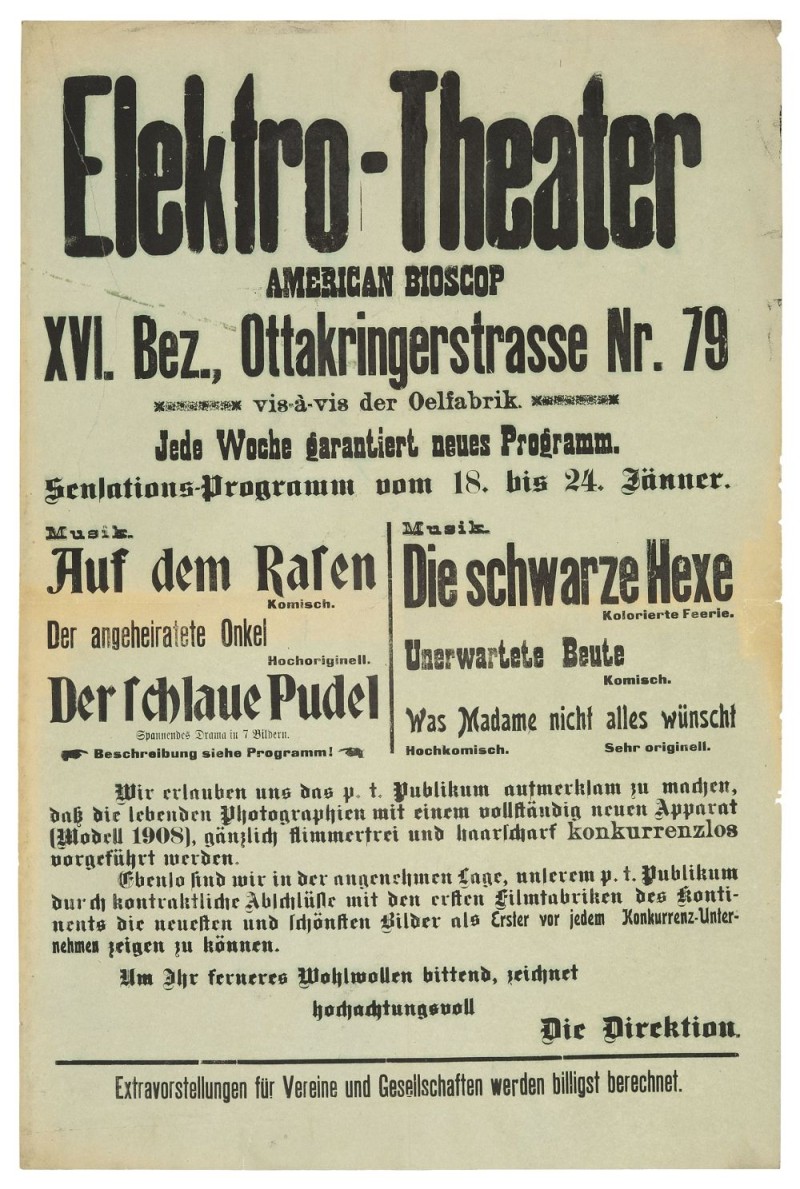 Kinoplakat des Elektro-Theater American Bioscop, Wien, um 1908