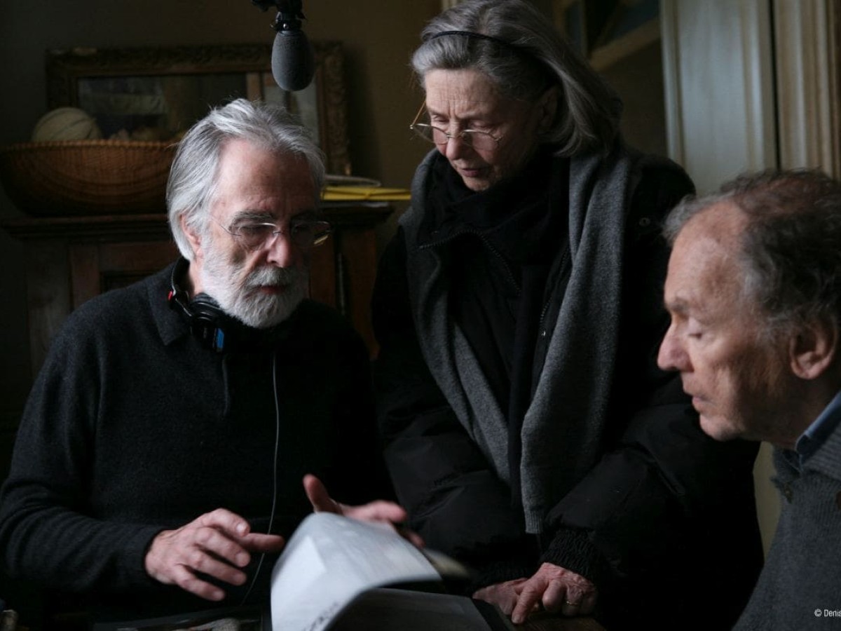 Michael Haneke, Emmanuelle Riva und Jean-Louis Trintignant am Set von 