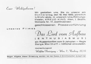 Einladung für 'Das Lied vom Aufbau'. Ein Russen-Tonfilm vom 5. Jahrplan